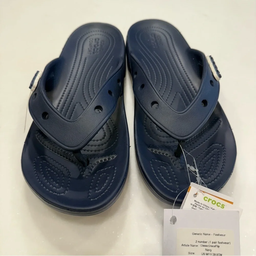 CROCS Men’s Comfort Thong Sandals NAVY Blue Side Logo Lightweight Size 11 NWT